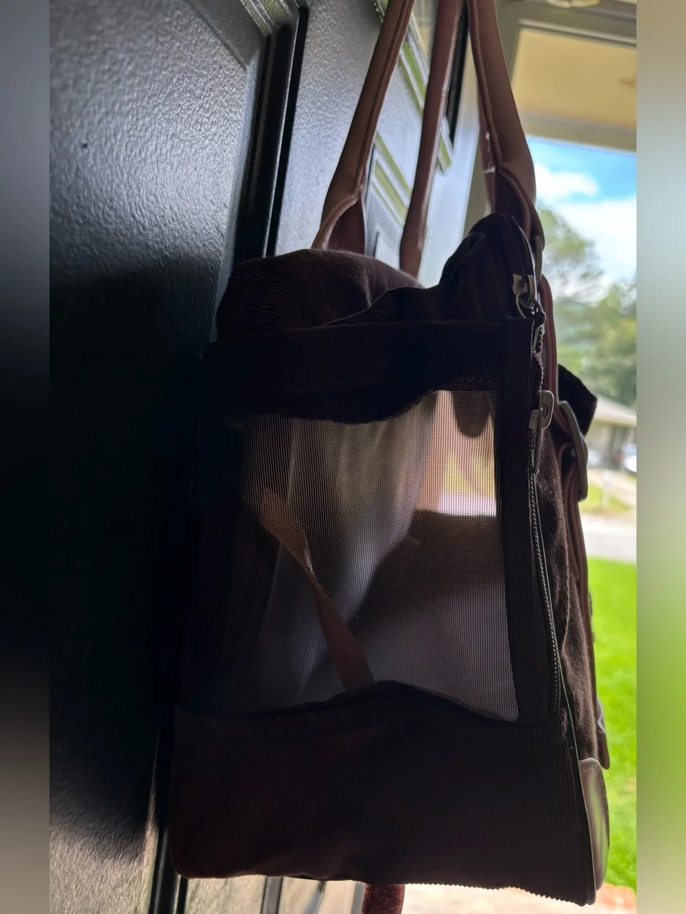Brown Corduroy Small Pet Carrier with Faux Pink Leather Handles & Accents